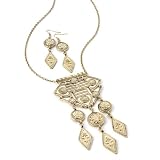 Large Pendant Fashion Necklace & Drop Pierced Earrings Set Antique Gold