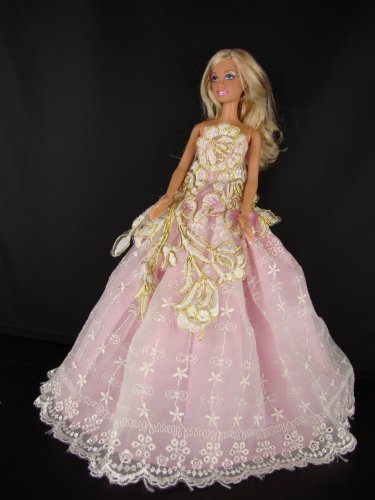 Pink Ball Gown with White and Gold Flowers Made to Fit the Barbie Doll