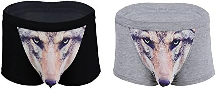 3D Sexy Wolf Briefs Owl Mens Underpants Animal Print U Convex Boxers Underwear, 2 Pack (XL, Wolf black + grey)
