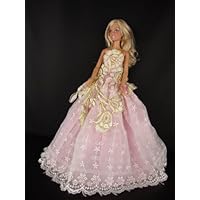 Pink Ball Gown with White and Gold Flowers Made to Fit the Barbie Doll
