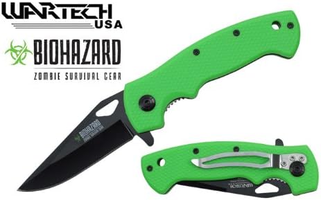 YC-S-9501-GN Wartech xO972Hx Biohazard Zombie Survival uesVMlt4 Gear Assisted Opening Folder folding knife edge sharp steel ytkbio tikos567 bgf Wartech Biohazard Zombie 8clNZb1 Survival Gear Assisted Opening Folder- 4.5" closed liner lock. Black 1065 surgical steel blade with Biohazard Zombie Survival Gear etch. Radioactive acid green color ABS handle overlays over metal frame. Z5Pt3dL Metal pocket clip.
