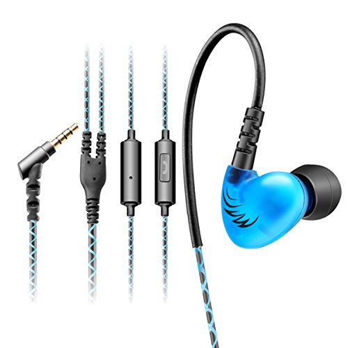 Reshow In-Ear Sport Headphones Blue - Earbuds with Stereo Surround Sound - Anti-Slip Noise Isolating Earphones with Heavy Bass - In-Line Microphone - Sweat Proof for Gym, Fitness, Exercise & CrossFit