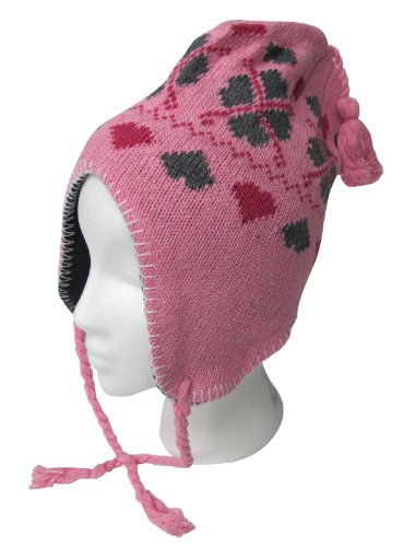 EarFlap Hat, Acrylic knit fashion Heart Design Beanie Hat with soft warm lining, Ladies Size, Color Pink