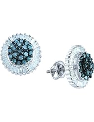 10K White Gold 1.0CT Blue Round & Baguette Diamond Fashion Earring