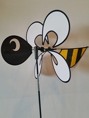 Big Bumble Bee Garden Wind Spinner Black and Yellow Stripped Body and a Large 18.5 Inch White Wing Wind Spinner!