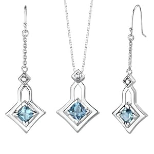 4.50 carats Princess Cut Swiss Blue Topaz Pendant Earrings Set in Sterling... by