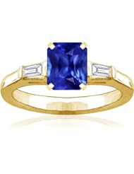14K Yellow Gold Emerald Cut Blue Sapphire Three Stone Ring