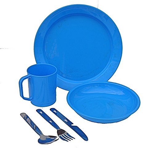 1 Person Camping Picnic Dining Set Plate Mug Bowl and Cutlery Blue Plastic