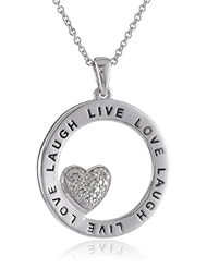Sterling Silver Diamond Heart In Circle Pendant Necklace with "LOVE LAUGH LIVE" Inscription (0.02 cttw, I-J Color, I3 Clarity), 18"