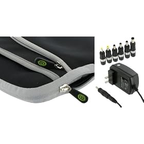 2n1 Combo - Acer AOD250-1842 10.1-Inch Netbook Neoprene Sleeve Slip Case and AC Wall Adapter Charger (Invisible Zipper Tri-Pocket - Black)
