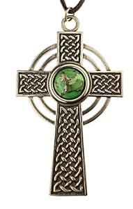Large Celtic Cross with 12mm Persian Green Copper Turquoise Gemstone on Adjustbale Natural Fiber Cord