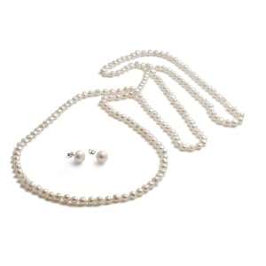 Ellena Pearl 8-9mm 50Inches 125cm Freshwater Cultured White Pearl Necklace for Women & Matching Stud Earring Set as a FREE Gift