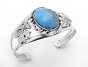Leaves and Large Blue Turquoise Sterling Silver Cuff Bracelet - Native American Style