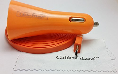 CablesFrLess (TM) Orange 10ft (10 feet 10') Tangle Free Noodle Style Micro B USB Charging / Data Sync Cable + USB Car Adapter fits Android Samsung Galaxy HTC LG Pantech Blackberry Motorola Sony ZTE