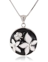 Sterling Silver Black and White Enamel and White Topaz Medallion with Flowers Pendant Necklace, 18"