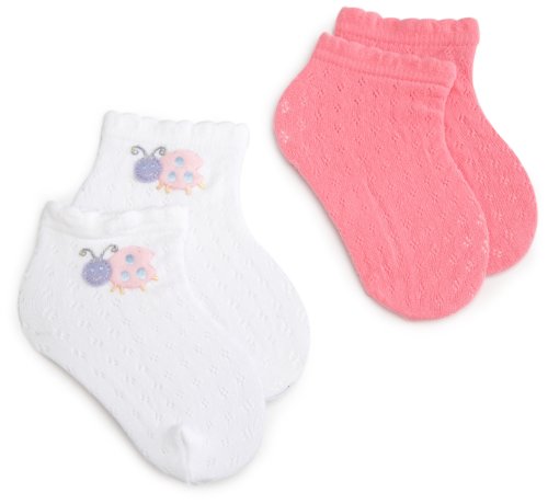 Jefferies Socks Girls 2-6x Lady Bug Applique Sock,White/Pink/Coral Twix,6-8½
