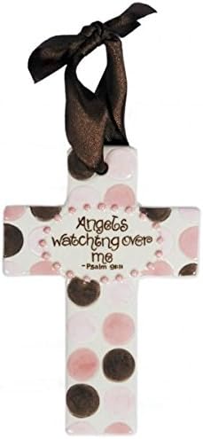 Cross Ornament: Angels Watching Over Me, Psalm 91:11, Pink/Brown Polka Dot Small Cross