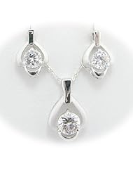 Sterling Silver Round CZ Pendant Earrings Flat Cable Chain 18 inch