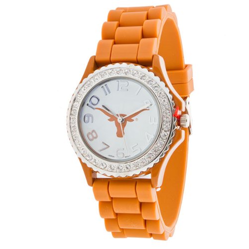 Texas Longhorns Watch, Collegiate Jewelry, Silicone watch band with crystal rhinestones surrounding Texas logo face. The fashion watch also features a stainless steel back and measures approximately 1.5 inch in diameter