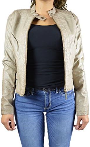 GARNI Womens Fashion Faux Leather Moto Jackets- TAUPE MEDIUM