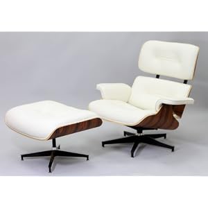 Modern Classic Plywood Lounge Chair & Ottoman with Palisander Base & White Leather Uphostery