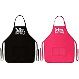 Wedding Shower Gift Mr. & Mrs. Established 2015 Husband and Wife Bundle Funny Aprons for Kitchen Barbecue Cooking Baking Grilling Two Pocket Apron for Bride and Groom Gift Set Apron Black/Heliconia
