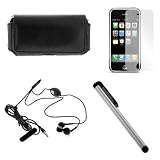 Silver Touch Screen Stylus Pen + Clear Reusable LCD Screen Protector + Audio 3.5mm Stereo Headset / Handsfree with Microphone + Black Horizontal Large Slim Pouch Case for Apple Iphone 3G 2nd Generation