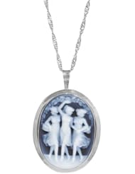 Sterling Silver Italian Blue Agate Three Ladys Cameo Pin-Pendant Necklace, 18"
