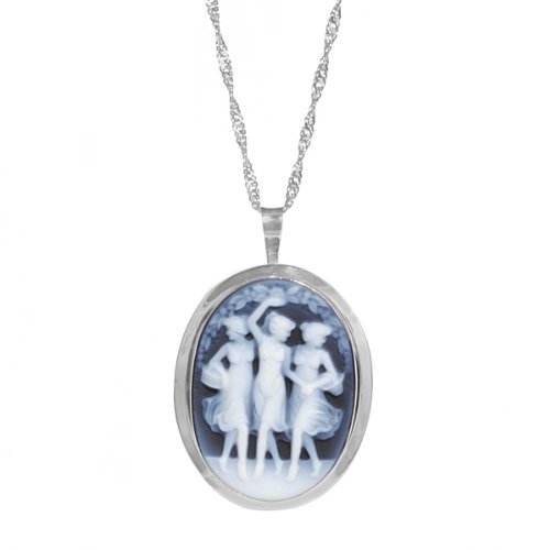 Sterling Silver Italian Blue Agate Three Lady's Cameo Pin-Pendant Necklace, 18