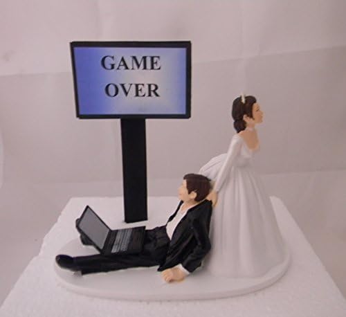 Designs by ReginaWedding Computer Laptop Game Over Sign both dark hair Geek Cake Topper