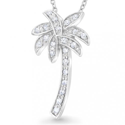 Bling Jewelry Sterling Silver CZ Pave Palm Tree Pendant Necklace 16