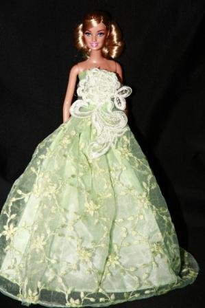 Light Green Barbie Sized Doll Gown with Flower Applique