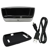 3 Pieces Value Combo of Blackberry Charging Pod + Micro USB Data Cable + Black Silicone Skin Case for Blackberry 9500 9530 Storm Thunder