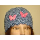 Hand Crocheted Denim Color Chenille and Gimp Tweed Dior Skull Cap Trimmed with Two Hot Pink Color Rhinestone Velvet Butterfly for Women and Teens