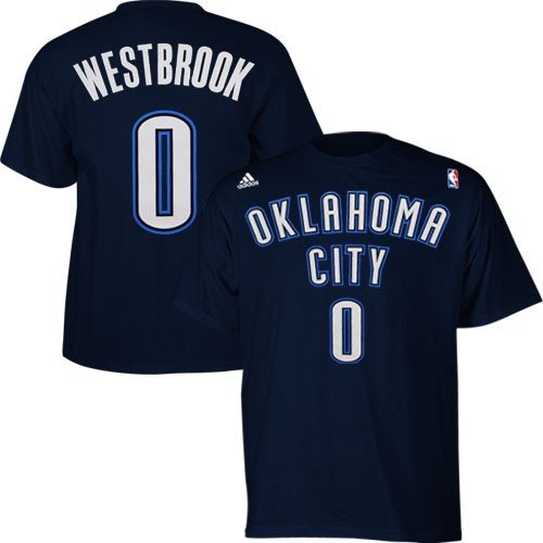 adidas Oklahoma City Thunder #0 Russell Westbrook Navy Blue Net Player T-shirt (Large)