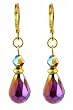 Earrings - E421 - Faceted Fire Polished Glass Hung on Gold Plated Leverbacks ~ Vitral Multi (Aqua, Purple, Blue, Gold) Iridescent Teardrop