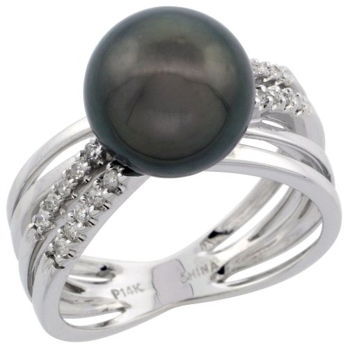 14ct White Gold Crisscross Pearl Ring, w/ 0.20 Carat Brilliant Cut Diamonds & 10.5mm Tahitian Pearl, 13/32 in. (9mm) wide 14ct White Gold Crisscross Pearl Ring, w/ 0.20 Carat Brilliant Cut Diamonds & 10.5mm Tahitian Pearl, 13/32 in. (9mm) wide