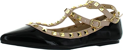 Wild Diva Women's Fashion Pippa Studs Pointy T Bar Flats Shoes