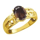1.20 Ct Brown Oval Smoky Quartz Yellow Gold Plated Argentium Silver Ring