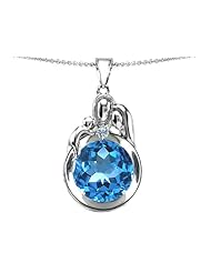 Original Star K (tm) Loving Mother And Father With Child Family Pendant With Round 10mm Simulated Aquamarine in .925 Sterling Silver