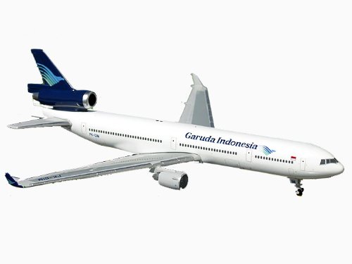 This is a 1:400 die-cast model airplane of the Garuda Airlines MD-11 