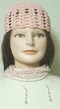 Twelve Strand Light Pink Pearls Short Chain Necklace Earrings Offered with Hand Crocheted Pink Gimp...
