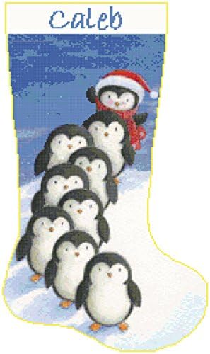 Pattern Only Cross Stitch Christmas Stocking Penguins 1 with Name