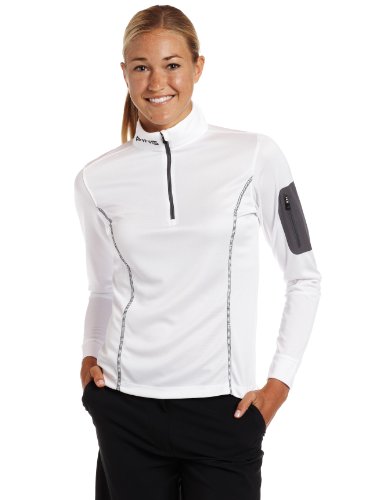 Keep warm and stylish in this 1/4 zip layering piece.   Forearm zipper pocket with pass through MP3 cord.   Contrast cover stitch at princess seams and PING heat seal on shoulder. ...