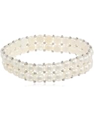 White Freshwater Cultured Pearl Two-Row Stretch Bracelet with Sterling Silver Beads (6.5-7mm)