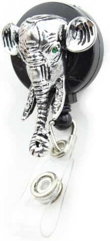 Silver Elephant ID Badge Holder w Retractable Pull Reel and Crystal Rhinestones