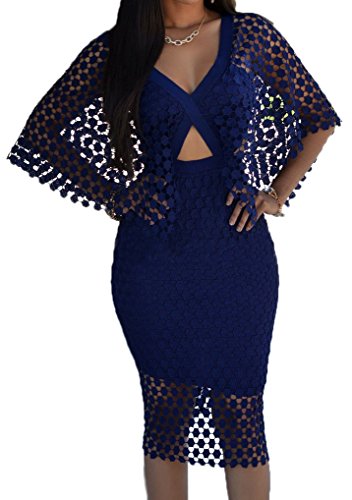shekiss Summer Lace Sexy Party Deep V Collar Burst Club Bodycon Dresses For Women Blue Medium