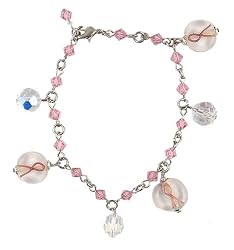 Bracelet - B266 - Lampwork Bead Charm Bracelet - Adjustable to Fit ~ Swarovski (tm) Rose + Matching Organza Bag ~ Breast Cancer Awareness Beads