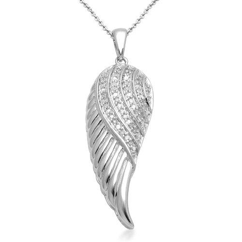 Sterling Silver Diamond Angel Wings Pendant (1/10 Cttw, I-J Color, I2-I3 Clarity). 18\