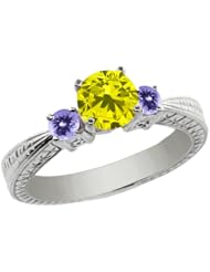 1.04 Ct Round Canary Diamond Blue Tanzanite 925 Sterling Silver 3-Stone Ring